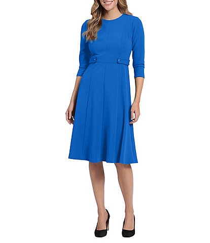 London Times 3/4 Sleeve Crew Neck Princess Seam Fit And Flare Dress