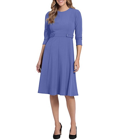 London Times 3/4 Sleeve Crew Neck Princess Seam Fit And Flare Dress
