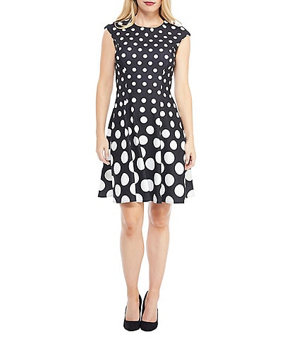 London Times Cap Sleeve Polka Dot Fit and Flare Dress