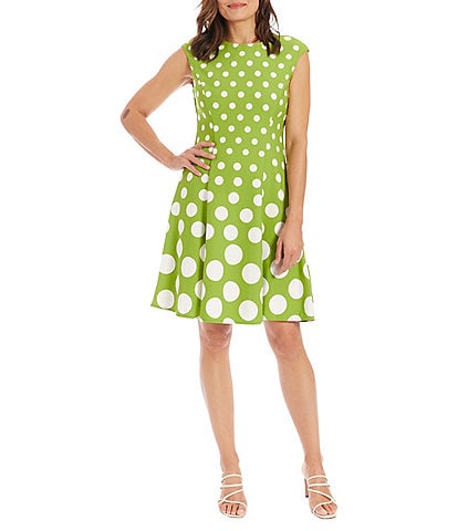 London Times Cap Sleeve Polka Dot Fit and Flare Dress