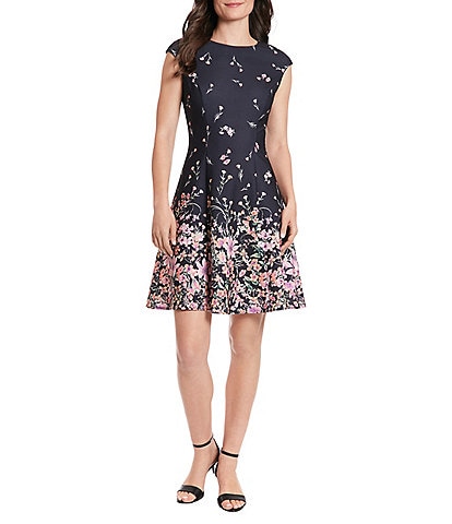 London Times Floral Print Cap Sleeve Fit and Flare Dress