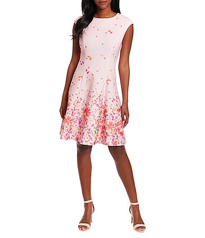 London Times Floral Print Cap Sleeve Fit and Flare Dress