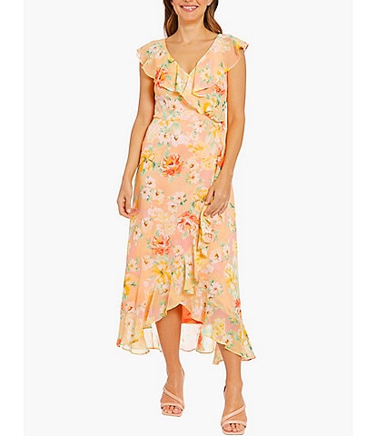 London Times Floral Print V-Neck Sleeveless Ruffled Faux Wrap Midi Dress