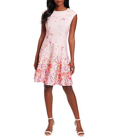 London Times Petite Size Floral Print Cap Sleeve Fit and Flare Dress