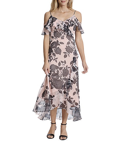 London Times Petite Size Floral Print Ruffled Short Cold Shoulder Sleeve A-Line Dress