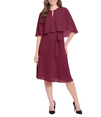 London Times Petite Size Keyhole Neck Sleeveless Capelet Fit-And-Flare Dress