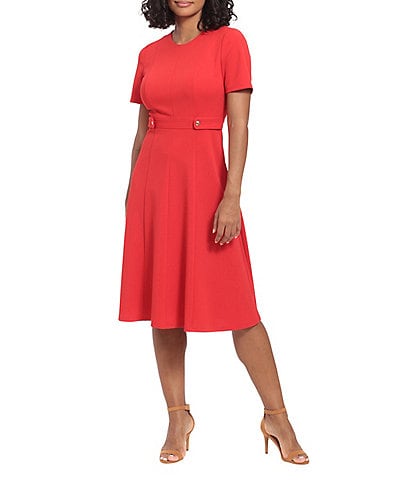 London Times Petite Size Short Puff Sleeve Round Neck Side Detail Box Pleated Scuba Crepe Fit and Flare Dress