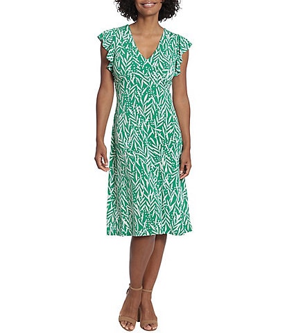 London Times Petite Size V-Neck Leaf Print Cap Ruffle Sleeve Midi Dress