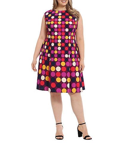 London Times Plus Size Cap Sleeve Crew Neck Scuba Crepe Fabrication Multi Color Dot Printed Fit and Flare Dress