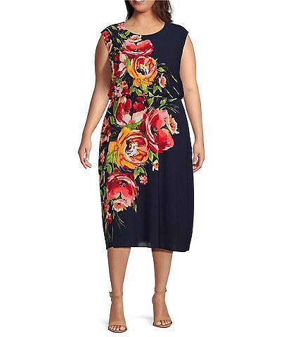 London Times Plus Size Floral Bubble Crepe Sleeveless Blouson Midi Dress