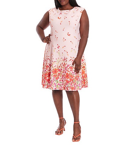 London Times Plus Size Floral Print Cap Sleeve Fit and Flare Dress