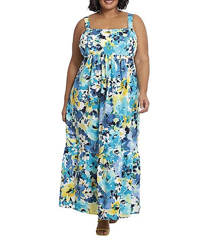 London Times Plus Size Floral Print Sleeveless Square Neck Smocked Back Cotton Tiered Maxi Dress