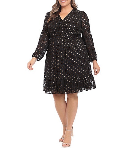 London Times Plus Size Long Sleeve V-Neck Burnout Fit and Flare Dress