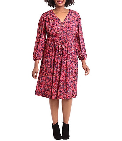 London Times Plus Size Matte Jersey 3/4 Sleeve V-Neck Floral Midi Dress