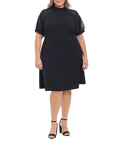 London Times Plus Size Mock Neck Short Puffed Sleeve Scuba Crepe Fit and Flare Dress