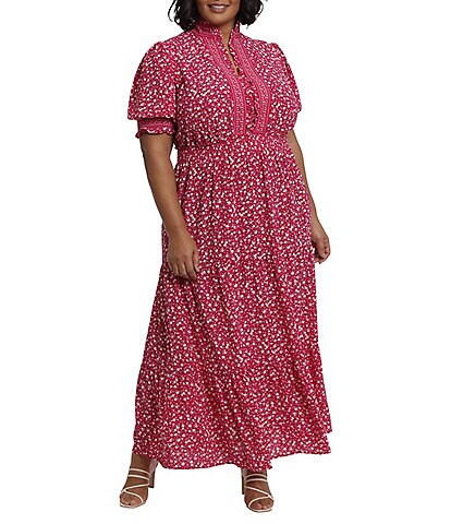 London Times Plus Size Floral Print Ruffle V-Neck Smocked Puff Short Sleeve Tiered Midi Dress