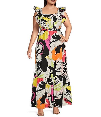 London Times Plus Size Ruffle Sleeve Square Neck Floral Maxi A-Line Dress