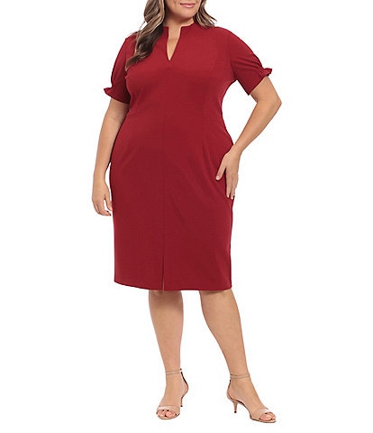 London Times Plus Size Short Ruffled Sleeve Split Round Neck Front Slit Scuba Crepe Sheath Dress