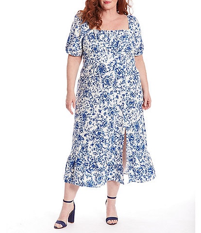 London Times Plus Size Short Sleeve Square Neck Floral Printed Front Slit Linen Midi Empire Waist Dress