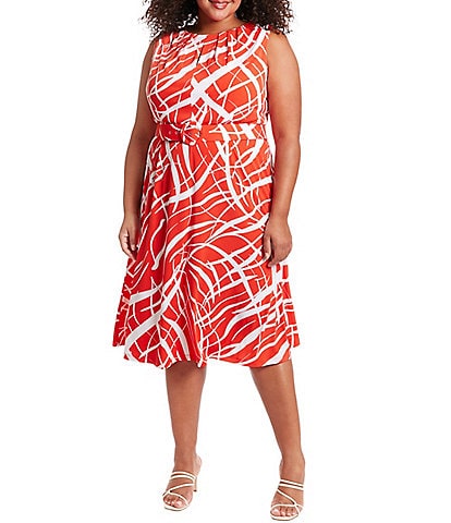 London Times Plus Size Sleeveless Crew Neck Belted Printed Dress