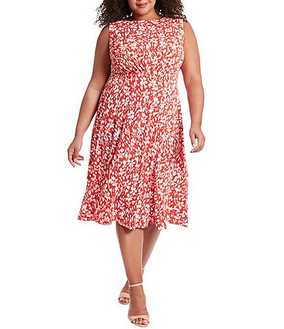 London Times Plus Size Sleeveless Crew Neck Floral Fit and Flare Dress