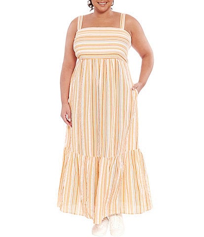 London Times Plus Size Sleeveless Square Neck Cotton Empire Waist Tiered Hem Stripes Maxi Dress