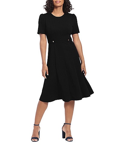London Times Short Puff Sleeve Round Neck Side Detail Box Pleated Scuba Crepe Fit and Flare Dress