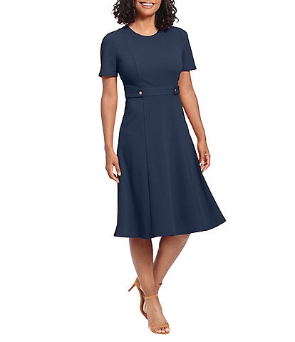 London Times Short Puff Sleeve Round Neck Side Detail Box Pleated Scuba Crepe Fit and Flare Dress