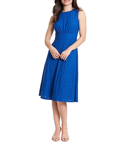 London Times Sleeveless Crew Neck Eyelet Jersey Midi Fit and Flare Dress