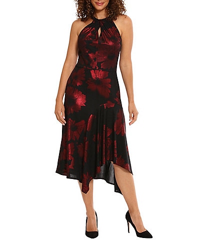 London Times Sleeveless Halter Foil Floral Print Asymmetrical Hemline Dress