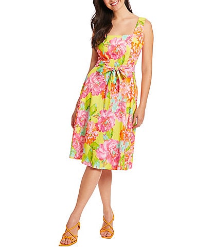 London Times Sleeveless Square Neck Tie Waist Floral Print Fit and Flare Dress