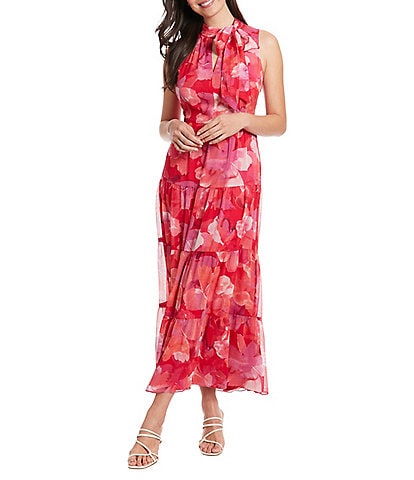 London Times Sleeveless Tie Halter Keyhole Neck Tiered Skirt Floral Maxi Dress