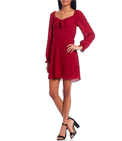 Long Sleeve Tie Front Textured Woven Fit-And-Flare Dress