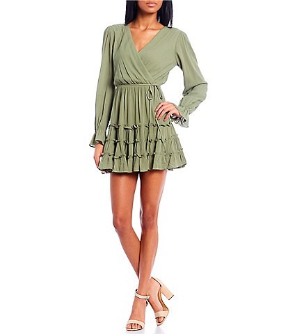 Long Sleeve Waist Tie Ruffle Tiered Fit-and-Flare Dress