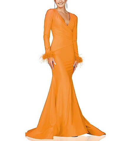 Glamour by Terani Couture Long Sleeves with Feather Trim Open Back Gown