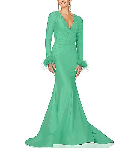 Glamour by Terani Couture Long Sleeves with Feather Trim Open Back Gown