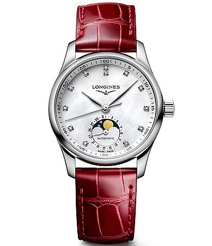 Longines Women's Master Automatic Red Leather Strap Watch