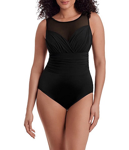 Longitude Solidtude Sheer Mesh High Neck Tummy Control One-Piece Swimsuit