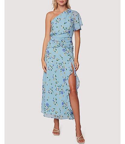 Lost + Wander Bluebelle Breeze Floral Print Asymmetric One Shoulder Neck Short Sleeve Maxi Dress