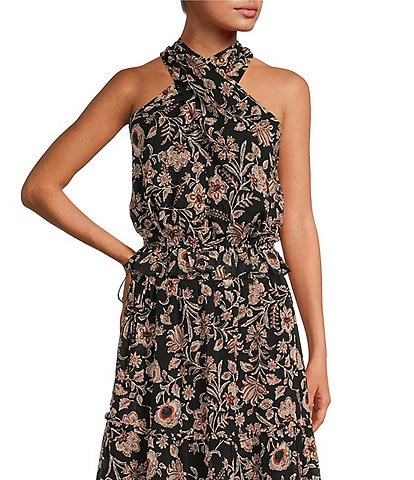 Lost + Wander Eclipse of The Heart Floral Print Halter Neck Sleeveless Ruffled Hem Coordinating Top