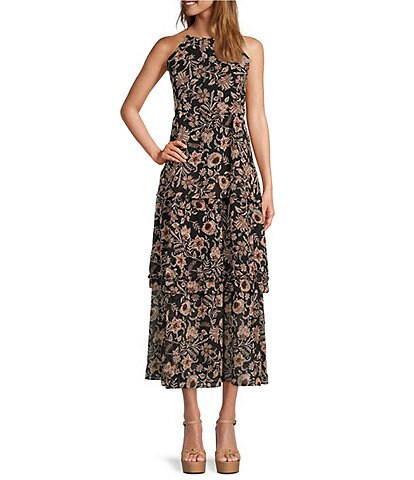 Lost + Wander Eclipse Of The Heart Floral Print High Halter Neck Sleeveless Midi Dress