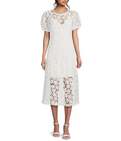 Lost + Wander Madonna Lily Round Neck Short Sleeve Floral Embroidered Midi Dress