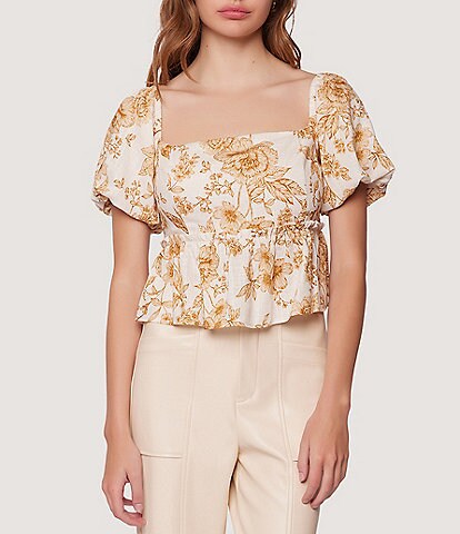 Lost + Wander Toasted Rose Floral Print Square Neck Short Puffed Sleeve Top