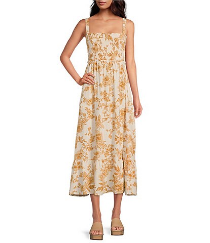 Lost + Wander Toasted Rose Floral Print Square Neck Sleeveless Smocked Maxi Dress