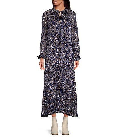 Lost + Wander Wish Upon Pailsey Floral Print Split Round Neck Long Sleeve Tassel Tie Tiered Maxi Dress