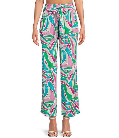 Love & Piece Abstract Tropical Print Smocked Waist Coordinating Front Bow Tie Pants