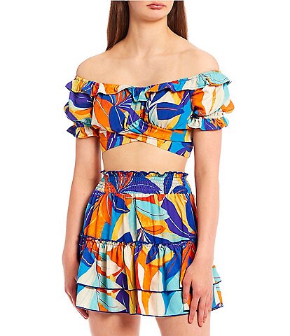Love & Piece Coordinating Tropical Print Off-The-Shoulder Puff Sleeve Wrap Front Crop Top