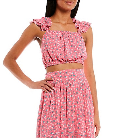 Love & Piece Coordinating Ditsy Print Ruffle Strap Smocked Back Crop Top