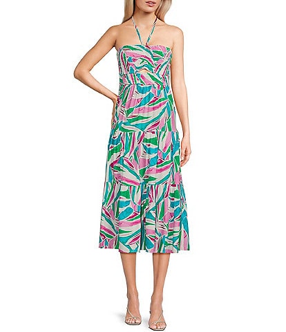 Love & Piece Tiered Smocked Top Cut Out Tropical Print Midi Dress