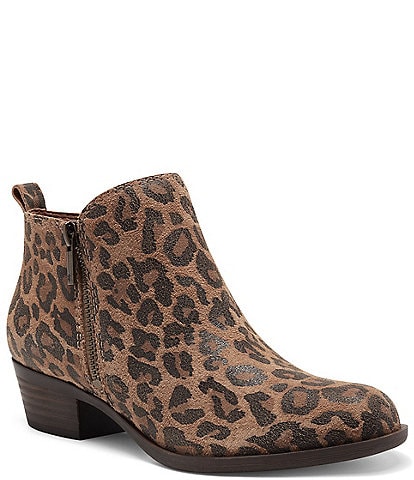Lucky Brand Basel Leopard Printed Leather Side Zip Block Heel Ankle Booties